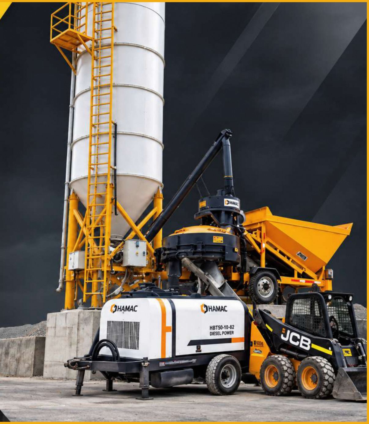 Planta dosificadora con silo de cemento, bomba de concreto HAMAC y minicargador JCB en obra