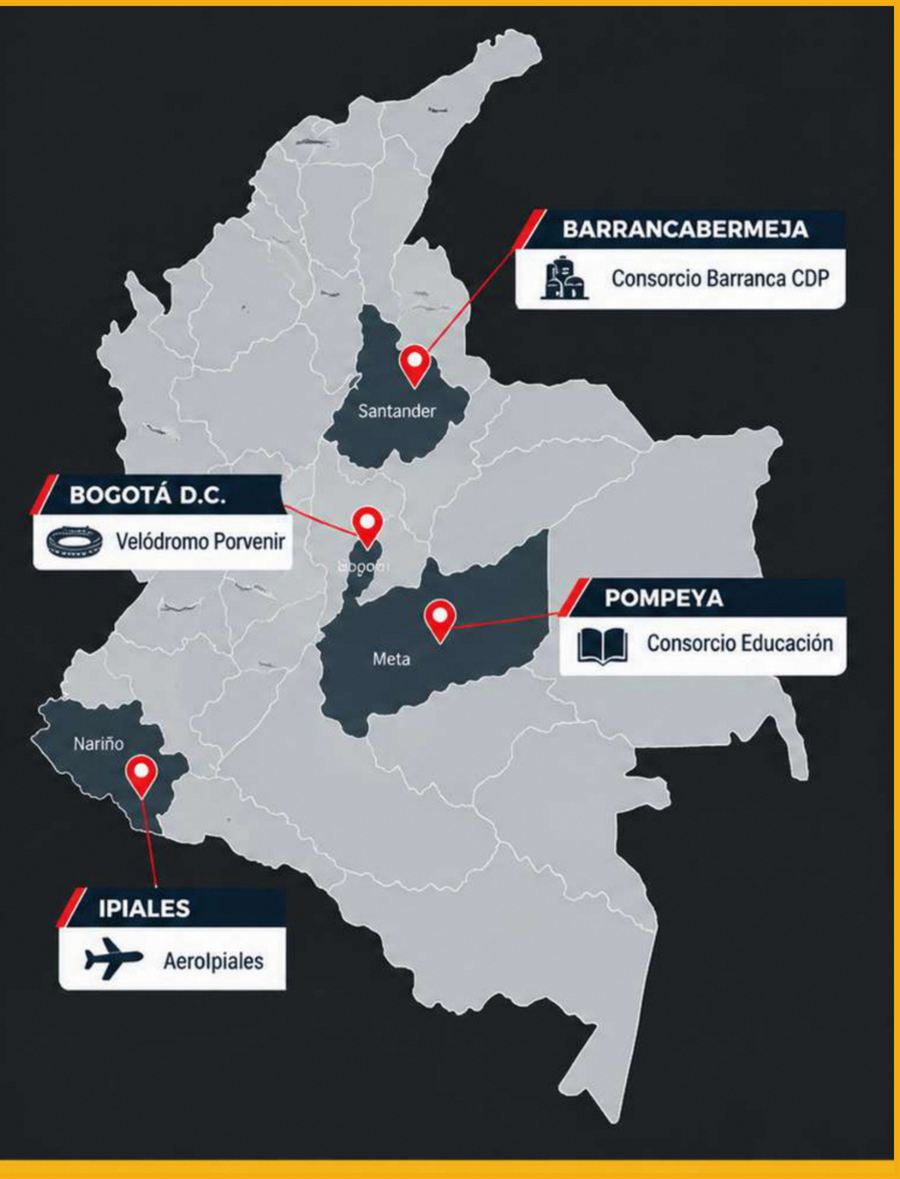 Mapa de Colombia con los proyectos activos en Nariño, Bogotá, Meta y Santander