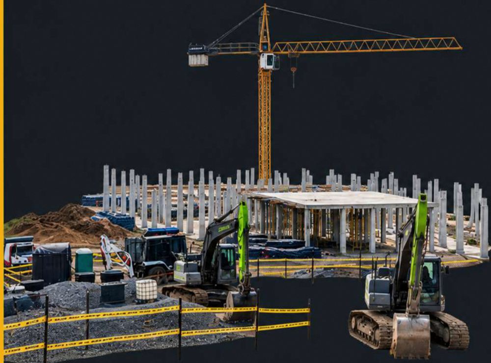 Columnas en concreto de la Cárcel ERON con torre grúa y excavadoras