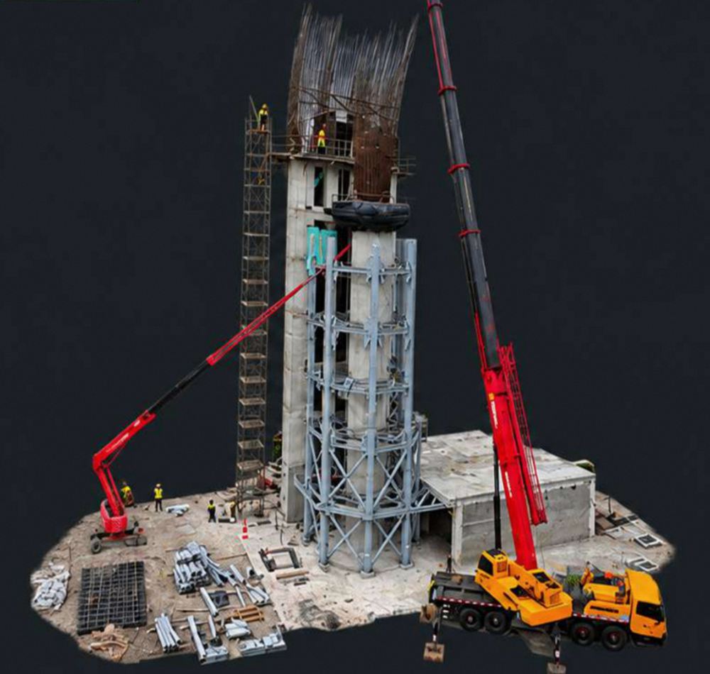 Torre de control del Aeropuerto San Luis en construcción con grúa y plataforma elevadora