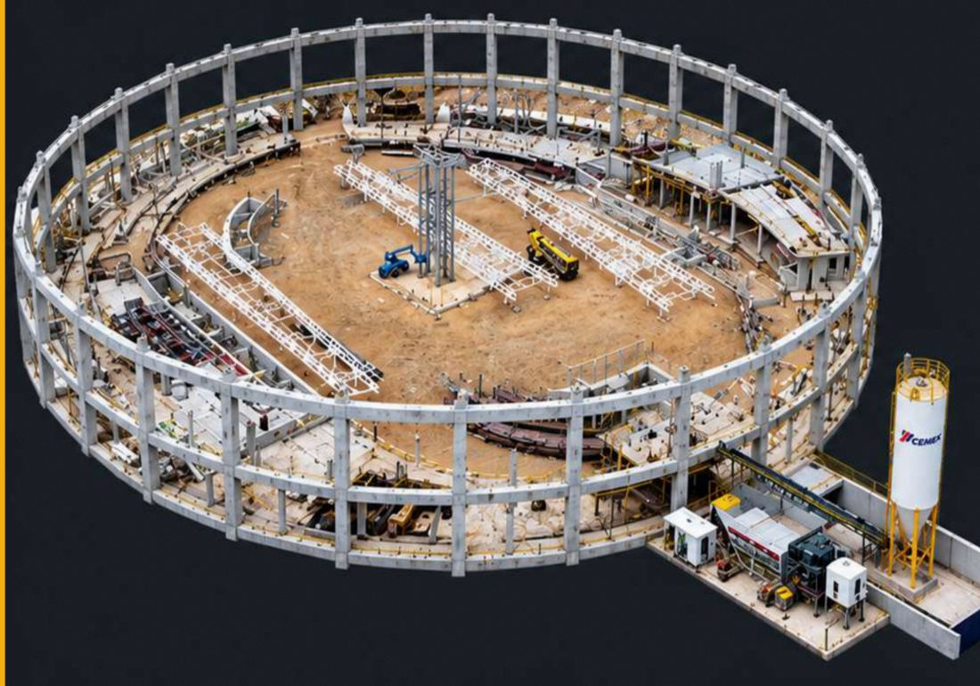 Vista aérea de la estructura circular del Velódromo Gibraltar en Bosa con la planta de concreto al costado
